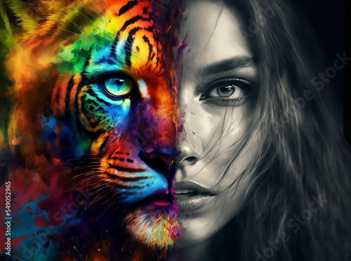 Woman showing her true colours of a rainbow painted tiger