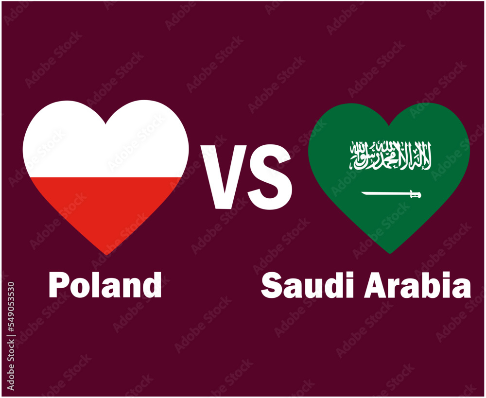 Poland And Saudi Arabia Flag Heart With Names Symbol Design Europe And Asia football Final Vector European And Asian Countries Football Teams Illustration