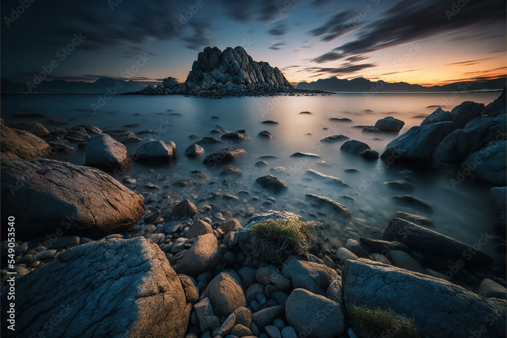 Seascape Panorama of the bay at sunset with stone and water on the beach in twilight  surrounded with rock mountains generative ai 
