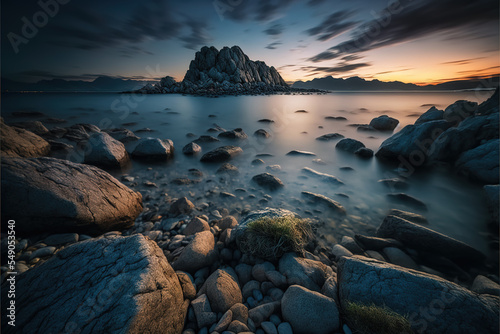 Seascape Panorama of the bay at sunset with stone and water on the beach in twilight surrounded with rock mountains generative ai 