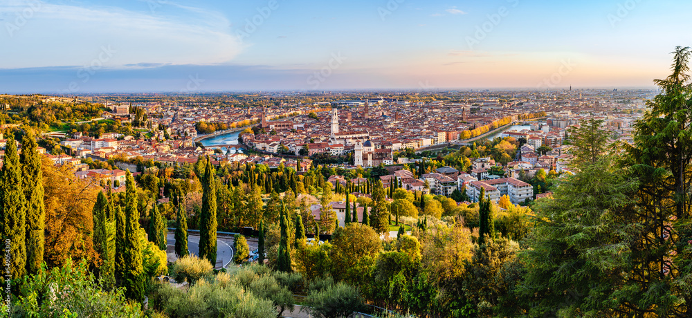 Panorama of Verona, Veneto, Italy at sunset seen from the Santuary of Our Lady of Lourdes