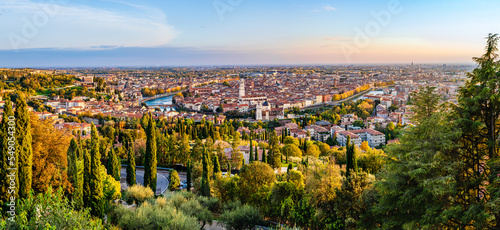 Panorama of Verona, Veneto, Italy at sunset seen from the Santuary of Our Lady of Lourdes © PhotoFires