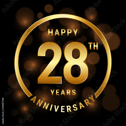 28th Anniversary. Anniversary template design with gold ring for celebration event, wedding, invitation and greeting card. Vector illustration