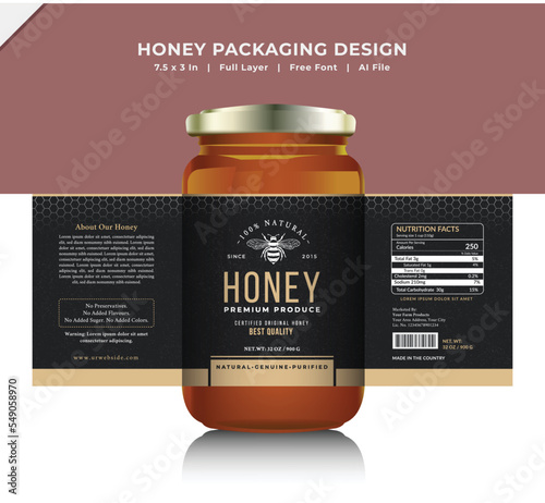 Bee Honey glass jar creative and modern health food product branding label packaging graphic design template. Food label packaging design.