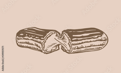 Vector hand-drawn eclair on sepia background, bakery and gastronomy element of design