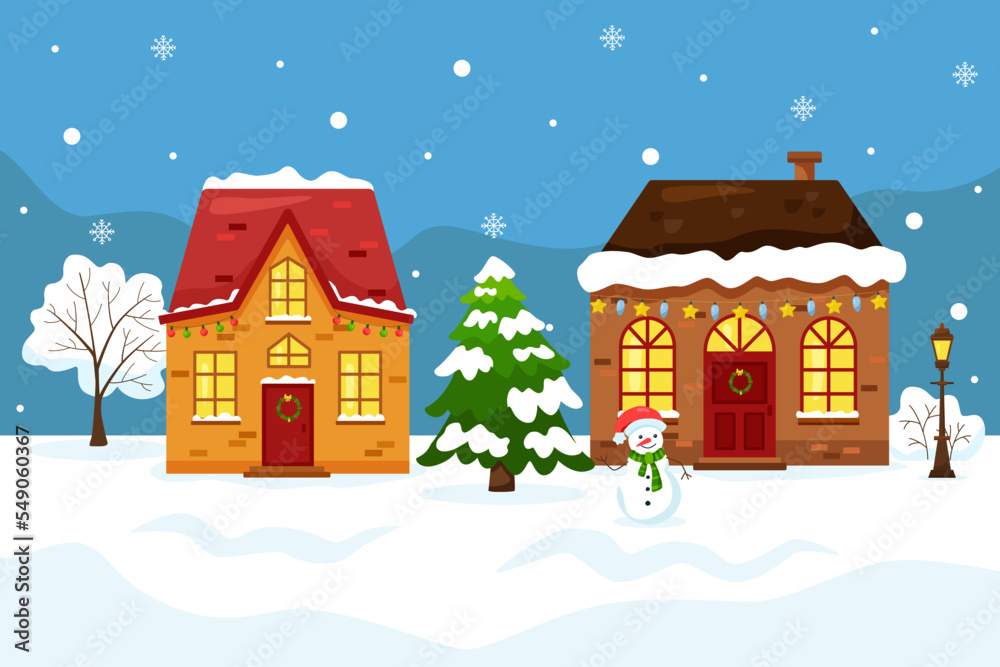 Fototapeta premium Vector funny cartoon illustration of winter urban cityscape under snow. Winter holiday decorated flat style cute houses, snowman and tree in bright colors for winter season greeting, card or poster
