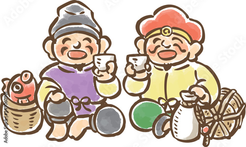 酒を飲み交わす恵比寿天と大黒天