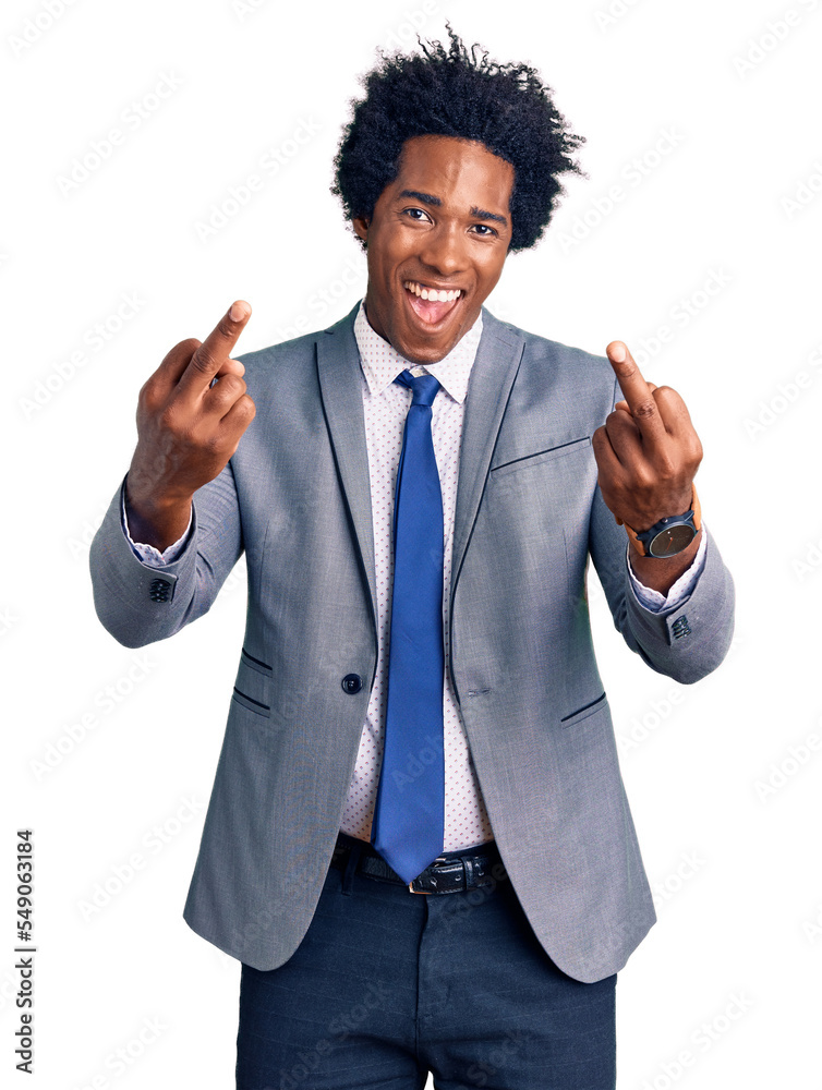 Handsome african american man with afro hair wearing business jacket showing middle finger doing fuck you bad expression, provocation and rude attitude. screaming excited Handsome african american man with afro hair wearing business jacket showing middle finger doing fuck you bad expression, provocation and rude attitude. screaming excited