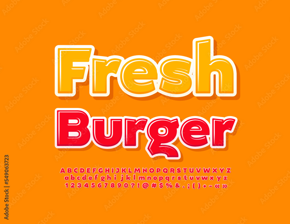 Vector advertising banner Fresh Burger. Bright Red glossy Font. Modern Alphabet Letters, Numbers and Symbols set. 