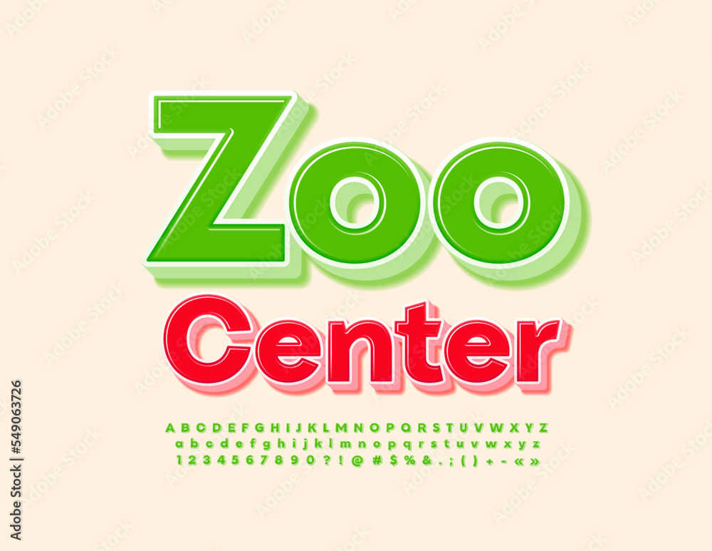 Naklejka premium Vector creative sign Zoo Center. Bright Green 3D Font. Modern Alphabet Letters, Numbers and Symbols set