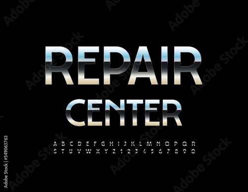 Vector industrial Banner Repair Center. Modern Steel Font. Chrome Alphabet Letters and Numbers set