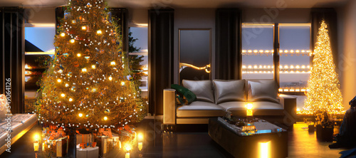 soggiorno lussuoso con atmosfera natalizia addobbi e albero di natale , pacchetti regalo, camino e specchi lussuoso, photo
