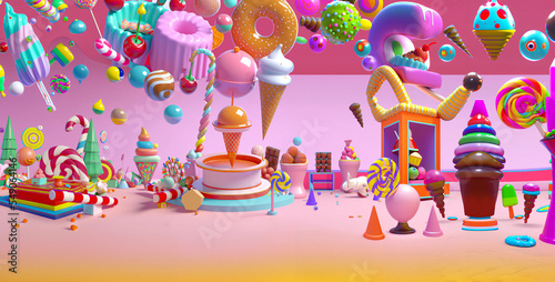 ambiente surreale su sfondo rosa con dolci di tutti i tipi, cioccolato, gelato, coni, caramelle, bon bon, lecca lecca , dolciumi photo