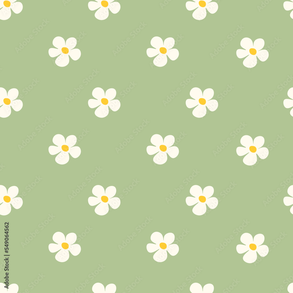 Chamomile floral seamless pattern on green background