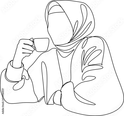 continuous line drawing of professional young muslim business woman using mobile digital tablet computer work and writing work plan on personal notebook isolated on white background
