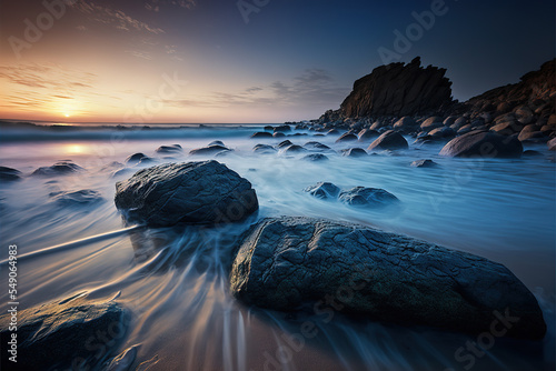 Seascape Panorama of the bay at sunset with stone and water on the beach in twilight surrounded with rock mountains