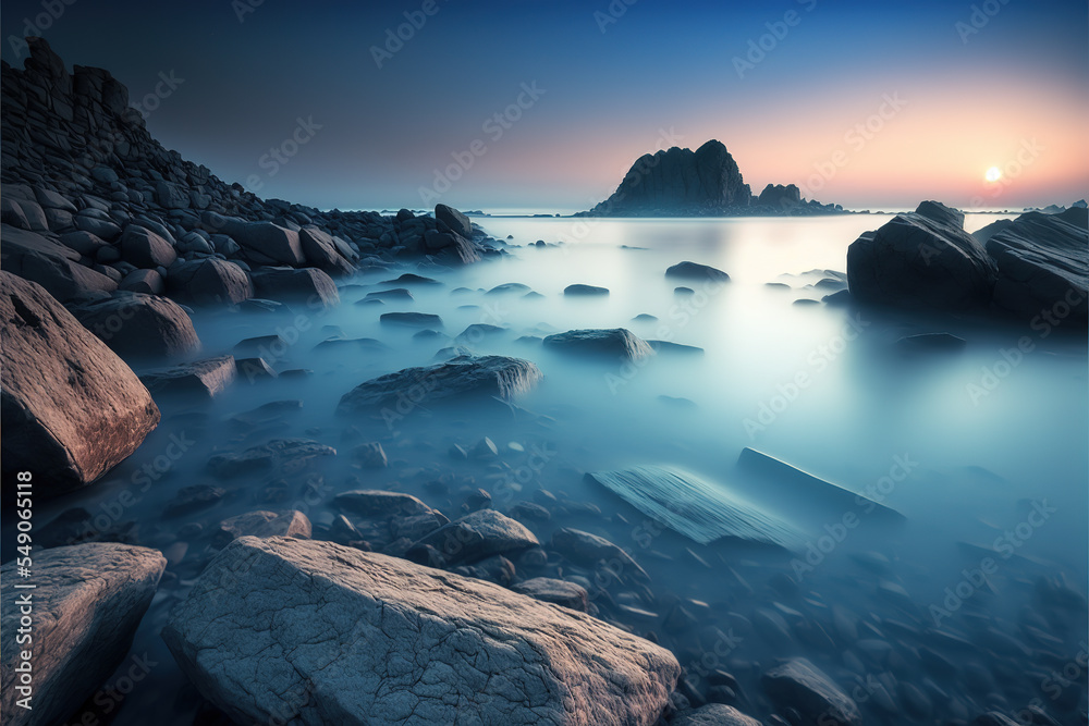 Seascape Panorama of the bay at sunset with stone and water on the beach in twilight  surrounded with rock mountains 