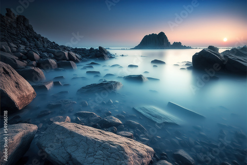 Seascape Panorama of the bay at sunset with stone and water on the beach in twilight surrounded with rock mountains 