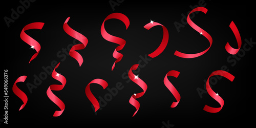 Set 3d vector realistic render colorful red shiny satin twisted ribbon holiday serpentine decoration design element