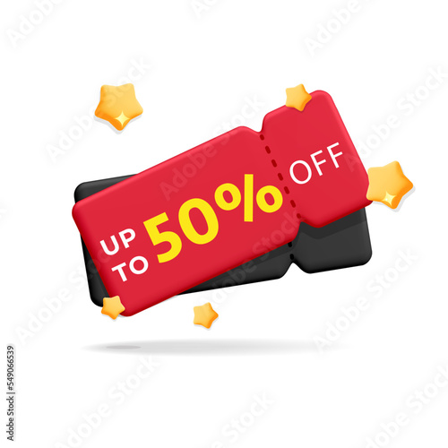 3d vector realistic render red and black discount coupon with 50 percentage sign sale and flying stars design element