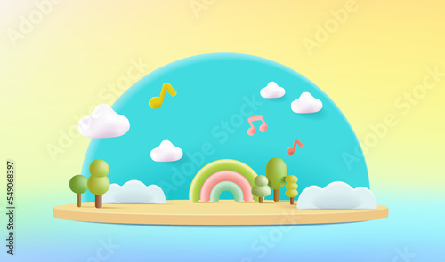 Stage decor with tree shapes. 3d pedestal natural scene or platform for product stand. Vector illustration. Podium for kid’s product presentations.