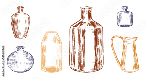 Sketch set of decorative glass jars and vases. Hand drawn vector illustrations. Vintage outline clip arts isolated on white background.