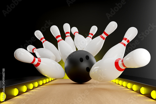 Fotografiet Bowling Action Ball Strikes the Bowling pins. 3d Illustration