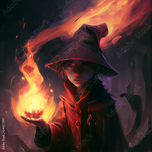 Fototapet Young wizard conjuring a fire spell