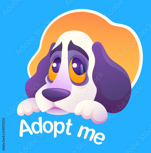 Vector illustration of sad homeless dog portrait with 'adopt me' letter