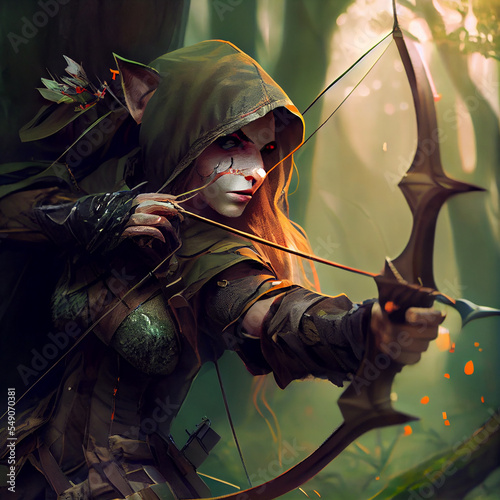 Elven archer ranger with a bow pulled back photo