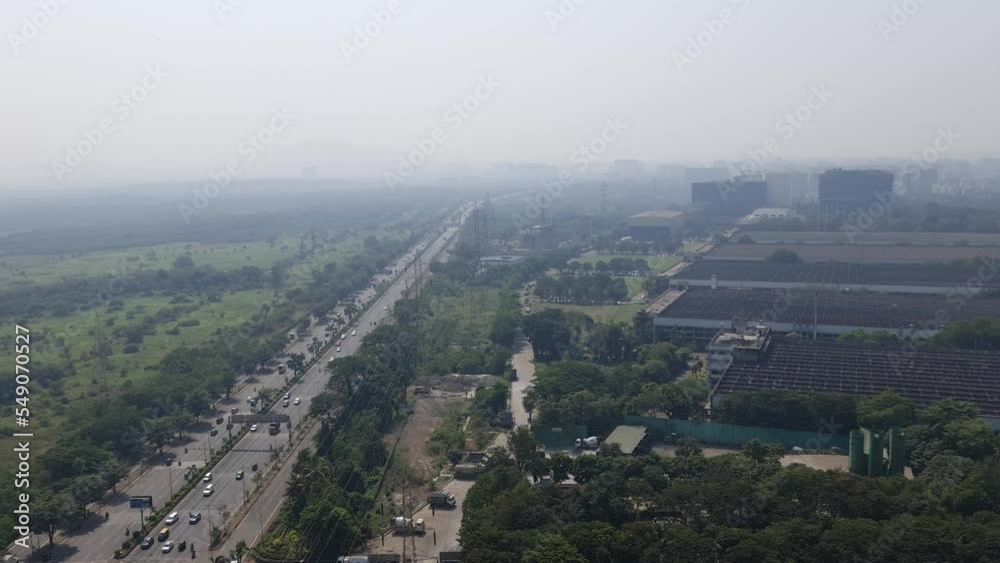 Areal view of the Godrej Industrial campus at Vikhroli, Mumbai. Mumbai local train track through the campus and Mangroves and Eastern express highway on one side Areal view of the Godrej Industrial campus at Vikhroli, Mumbai. Mumbai local train track through the campus and Mangroves and Eastern express highway on one side