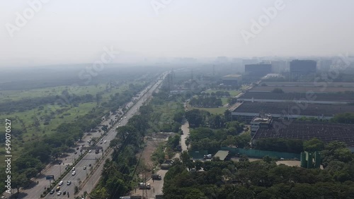 Areal view of the Godrej Industrial campus at Vikhroli, Mumbai. Mumbai local train track through the campus and Mangroves and Eastern express highway on one side photo