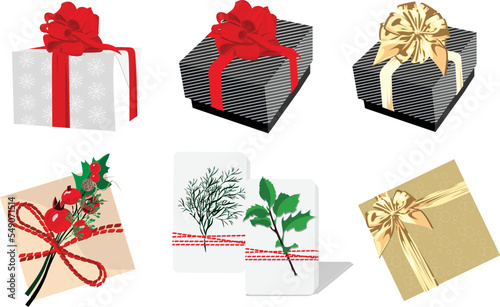 Set of gift boxes decorated with a bow and red ribbons or some green leaves