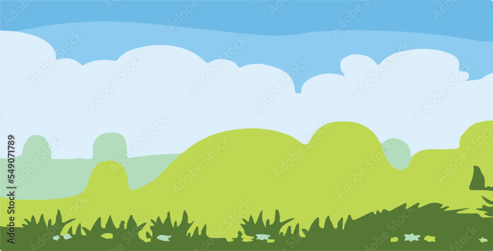 Design landscape, nature, sky, grass, summer, tree, vector, spring, illustration, green, sun, cloud, meadow, field, hill, cartoon, flower, mountain, forest, clouds, land, backgrounds, countryside, 