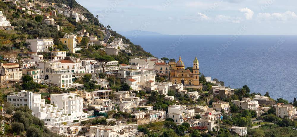 Touristic Town, Vettica Maggiore, on Rocky Cliffs and Mountain Landscape by the Tyrrhenian Sea. Amalfi Coast, Italy.