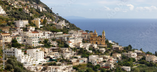 Touristic Town  Vettica Maggiore  on Rocky Cliffs and Mountain Landscape by the Tyrrhenian Sea. Amalfi Coast  Italy.