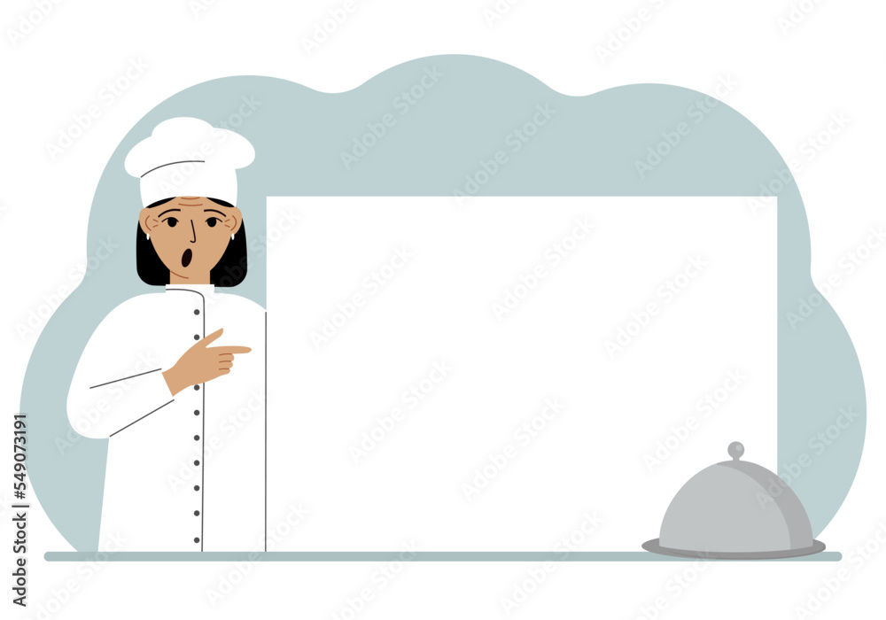 A female cook in uniform and a cap holds a large sheet of paper. Concept for menu, recipe book, blank cookbook or records.