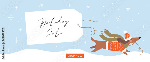 Holiday Sale Vector Design With Cute Dachshund In Red Knitted Sweater And Long Green Scarf Dashing Through The Snow With Big Sale Tag. Template Banner Ideal For Social Media Posts, Cards, Vouchers.