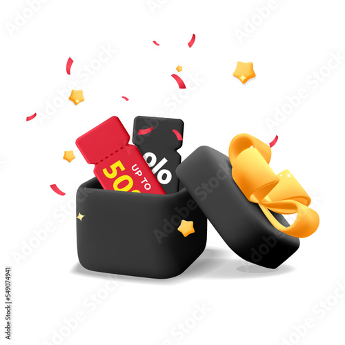 3d vector realistic render black opened surprise shopping gift box with red discount coupon ticket inside with flying stars and confetti design