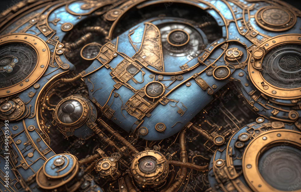 steampunk background as mechanical machine made of gears and pipes with gold and blue metal