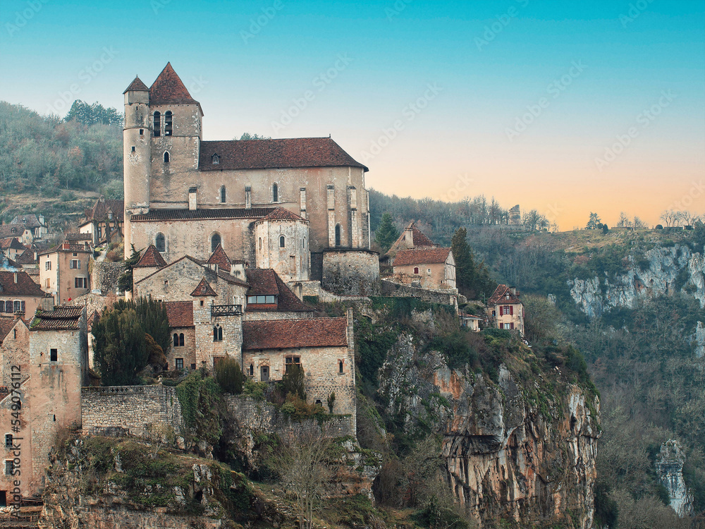 Saint-Cirq-Lapopie, medieval village built on a steep cliff 100m above the river Lot in France, regional natural park Causses of Quercy