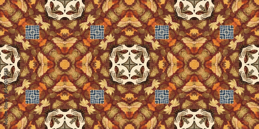 Fototapeta premium Autumn leaves woodland seamless border. Brown retro kaleidoscopic textile washi tape. Backdrop of vintage ornate forest ribbon. Garden botanical print. 
