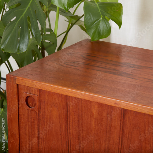 Unique Mid-Century Modern Credenza. Warm wooden vintage sideboard. Corner detail view of a 1960s statement piece surrounded by houseplants. Better Goods