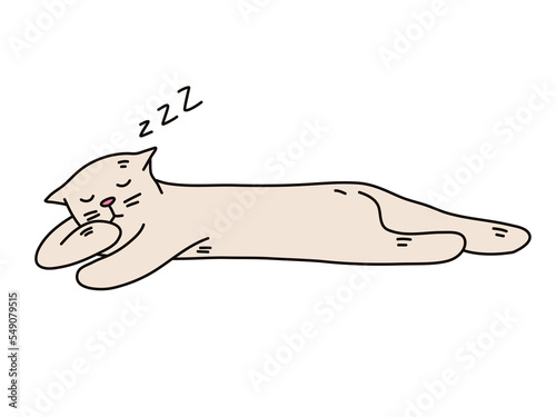 Cute Lying and Sleeping Grey Cat in Cartoon Doodle Style. Domestic Cute Animal Pet Graphic Sketch. Vector Hand Drawn Illustration, Icon, Print, Logo Isolated on a white background.