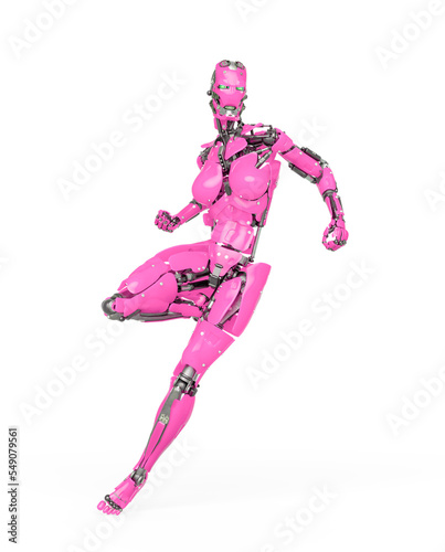 cyborg girl is doing a combat pose on white background