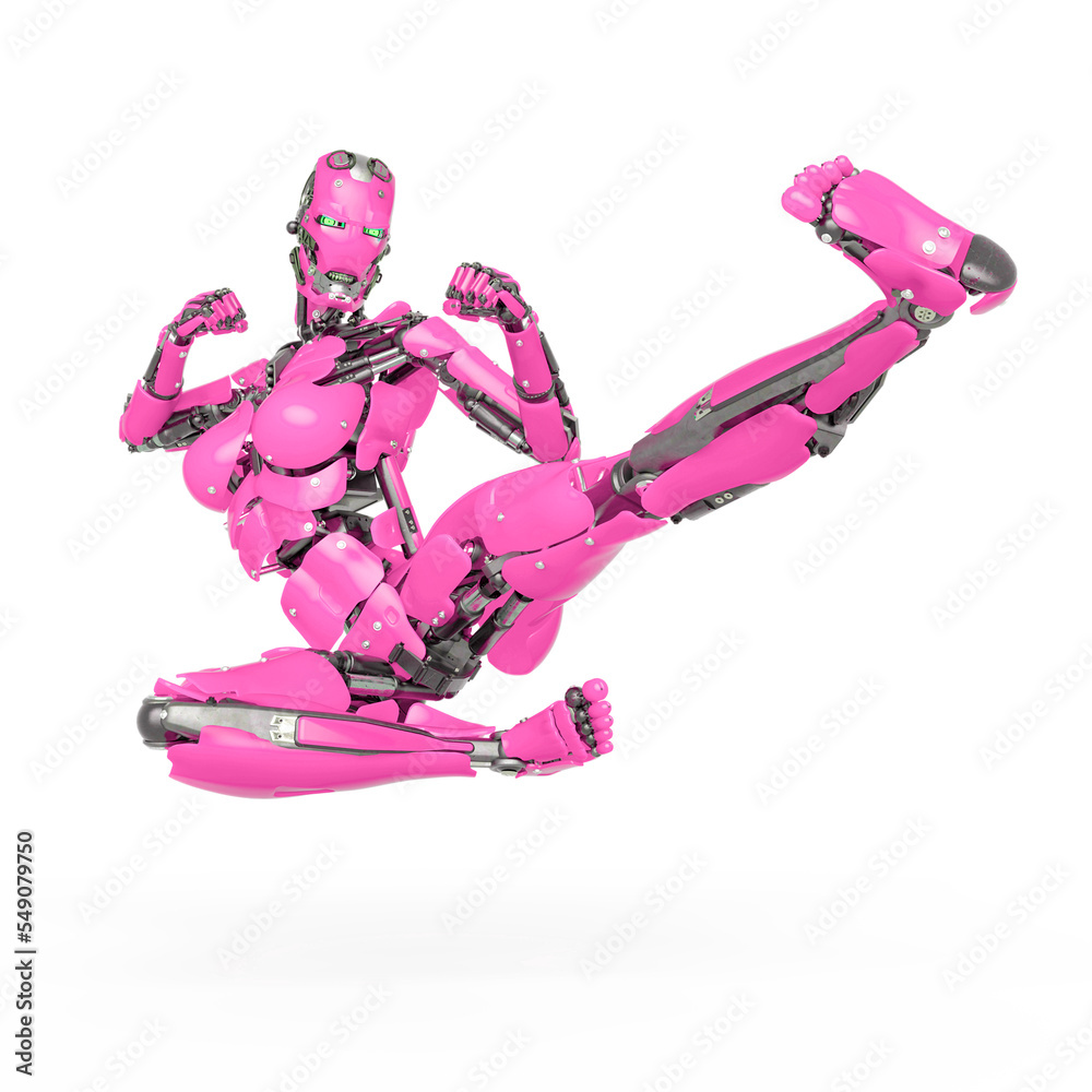 cyborg girl is kicking up in mma style on white background cyborg girl is kicking up in mma style on white background