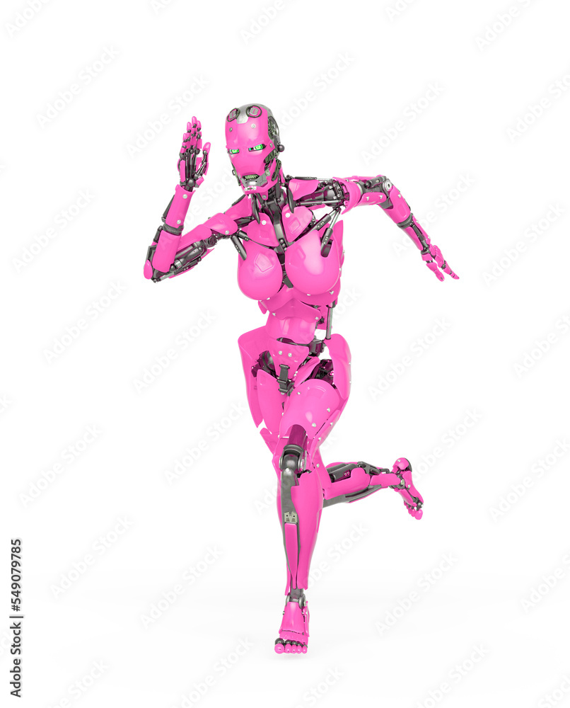 cyborg girl is running fast in action on white background