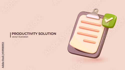 3D White Clipboard - Productivity Solution Concept. Realistic 3d design of icon todo check list on document. efficient work on project plan 3d. Concept in Trendy colors. 3D Vector illustration.