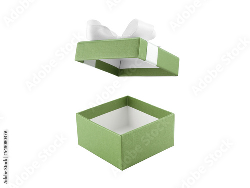 open empty green gift box with ribbon bow (lid floating) isolated on white photo