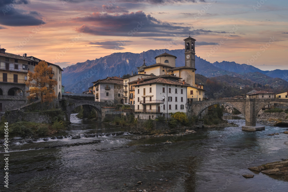Beautiful sunset cityscape of little town in Bergamo, San Giovanni Bianco, Bergamo, Val Brembana, Lombardy, Italy